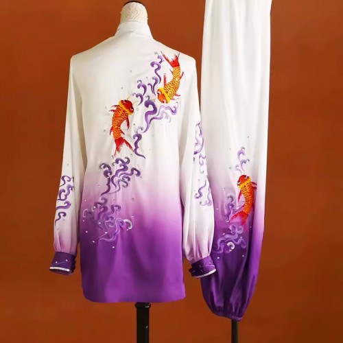 Custom size koi embroidery chinese kung fu tai chi clothing purple wushu martial art team competition uniforms for unisex